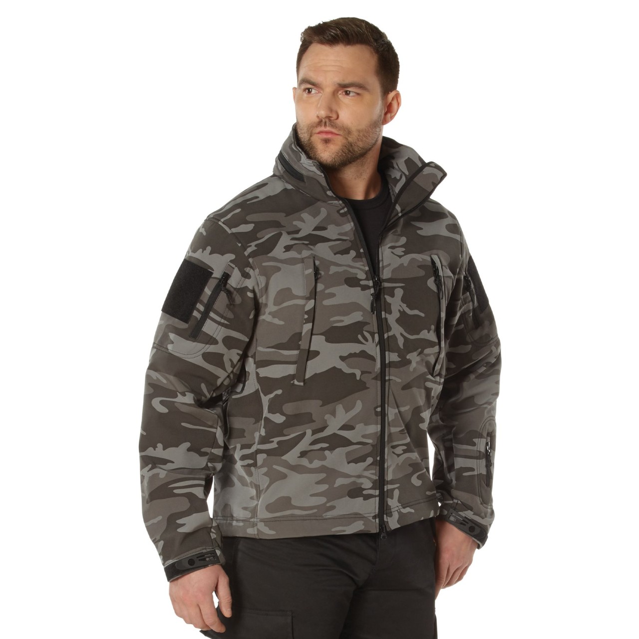 Bunda TACTICAL s kapucňou softshell BLACK CAMO