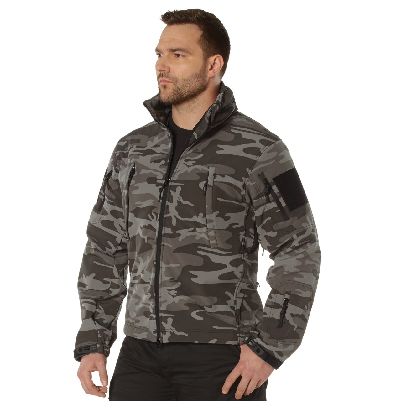 Bunda TACTICAL s kapucňou softshell BLACK CAMO