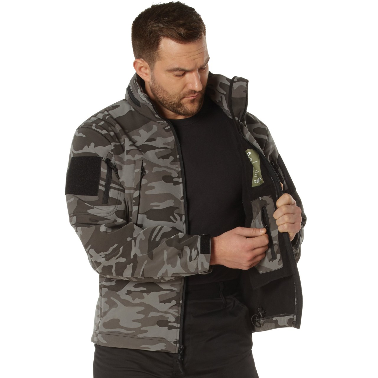 Bunda TACTICAL s kapucňou softshell BLACK CAMO