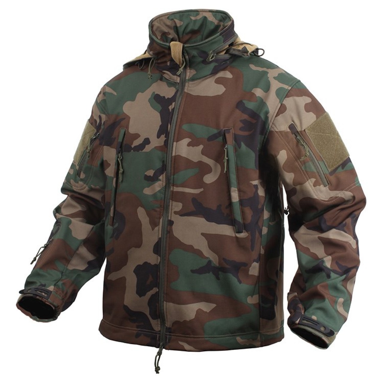 Bunda TACTICAL s kapucňou softshell WOODLAND