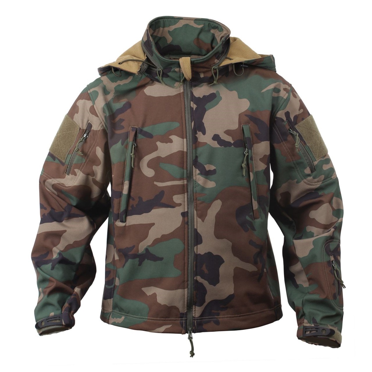 Bunda TACTICAL s kapucňou softshell WOODLAND